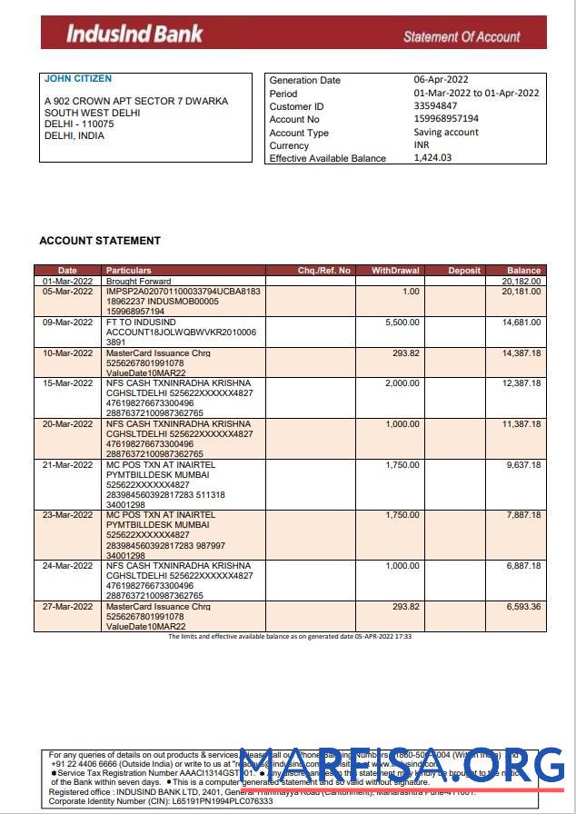 Realistic India IndusInd bank statement word sample